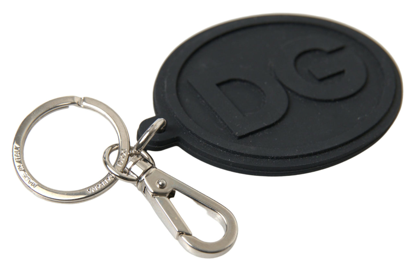 Porte-clés Dolce &amp; Gabbana en caoutchouc noir avec logo DG en laiton argenté