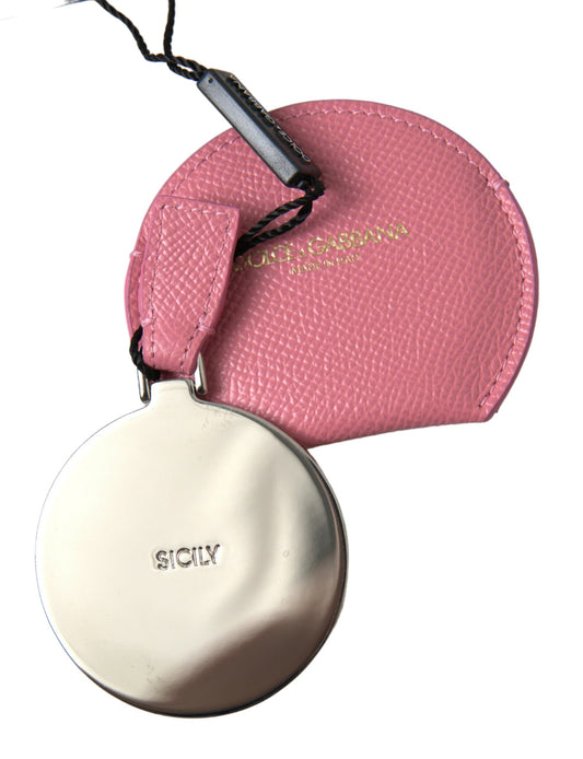 Miroir à main rond en cuir de veau rose Dolce &amp; Gabbana avec logo imprimé