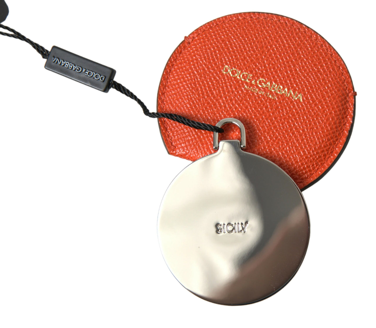 Porte-miroir rond en cuir de veau orange Dolce &amp; Gabbana avec logo