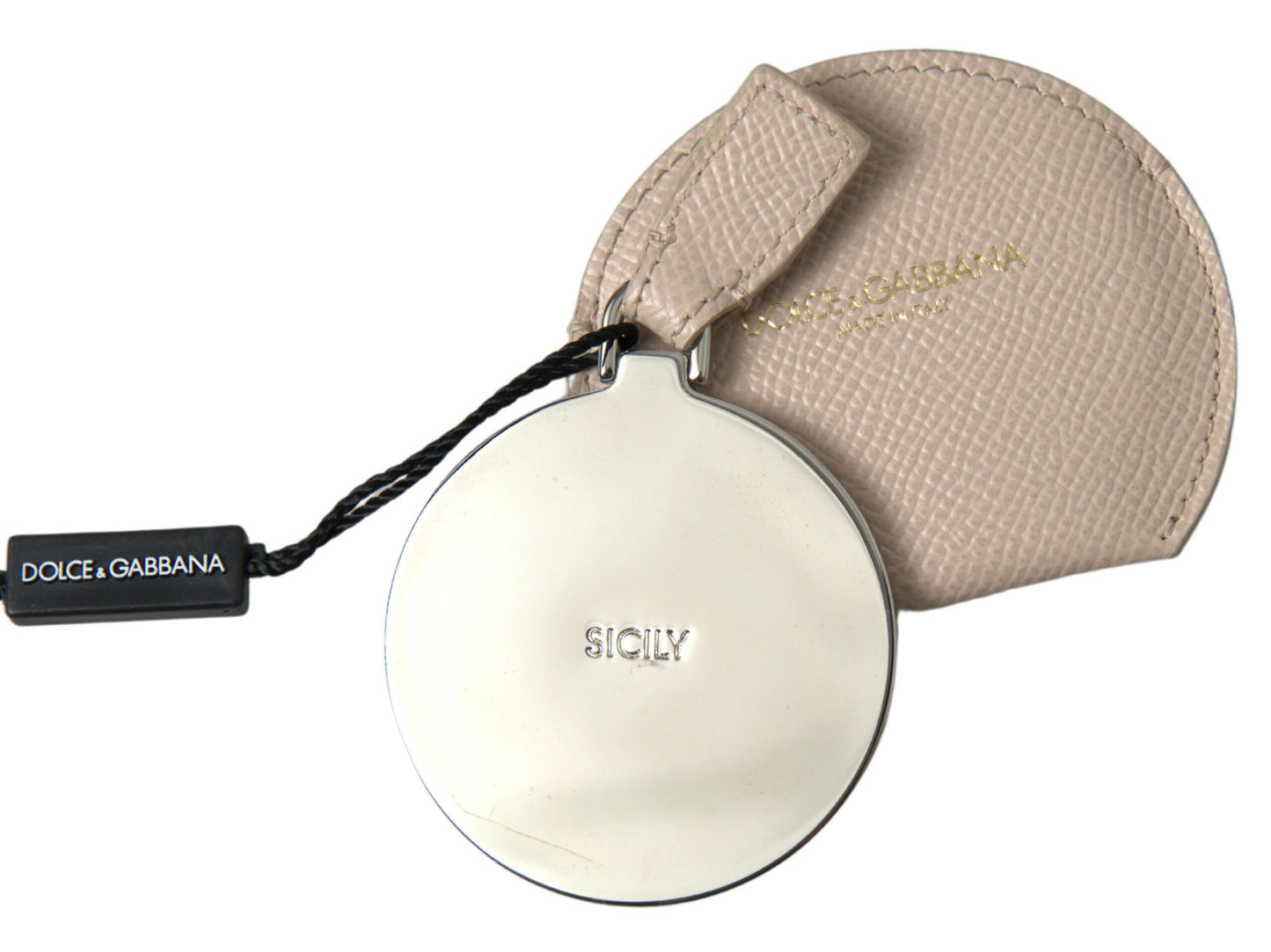 Porte-miroir rond en cuir de veau beige Dolce &amp; Gabbana avec logo