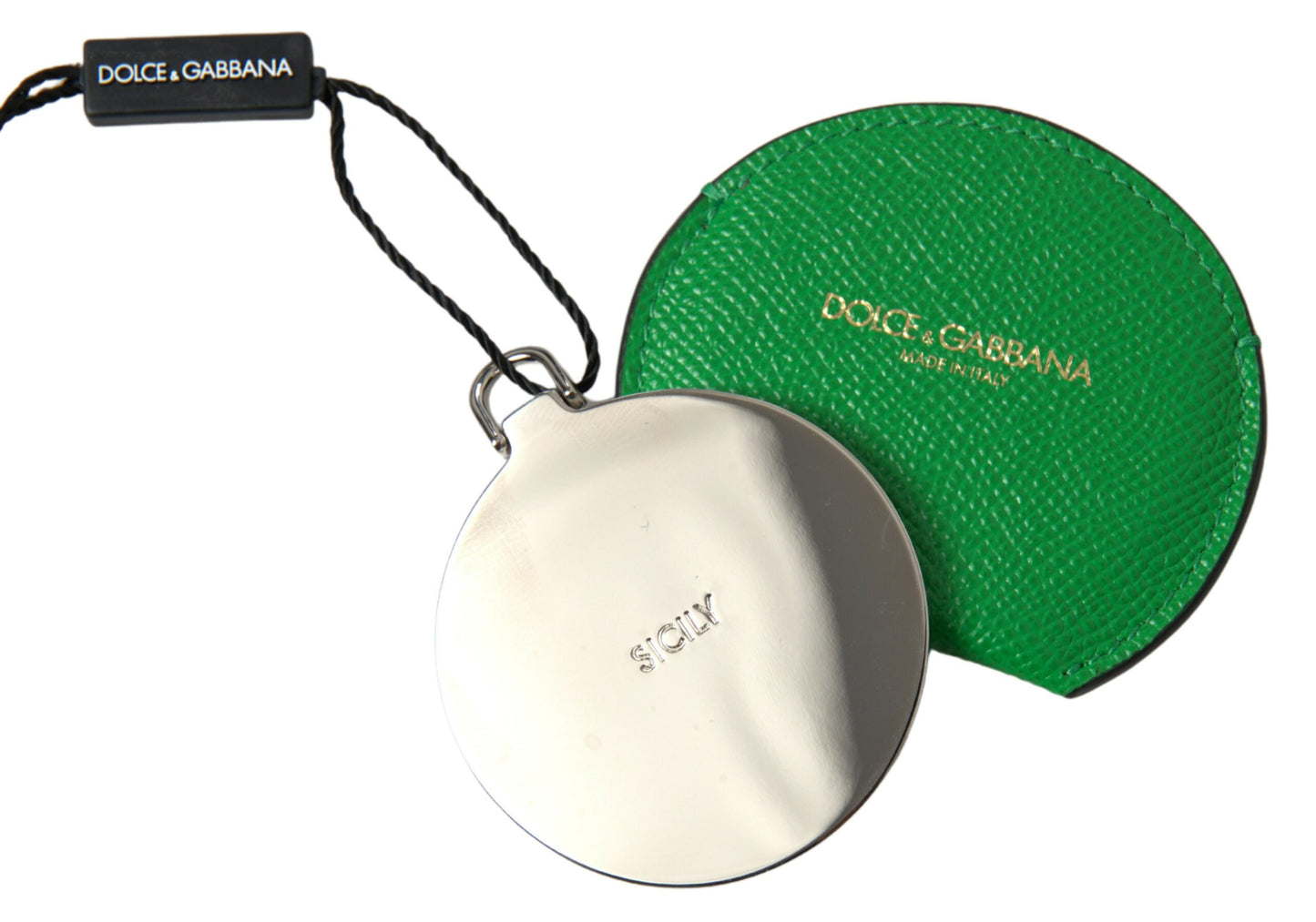 Porte-miroir à main rond en cuir de veau vert Dolce &amp; Gabbana avec logo