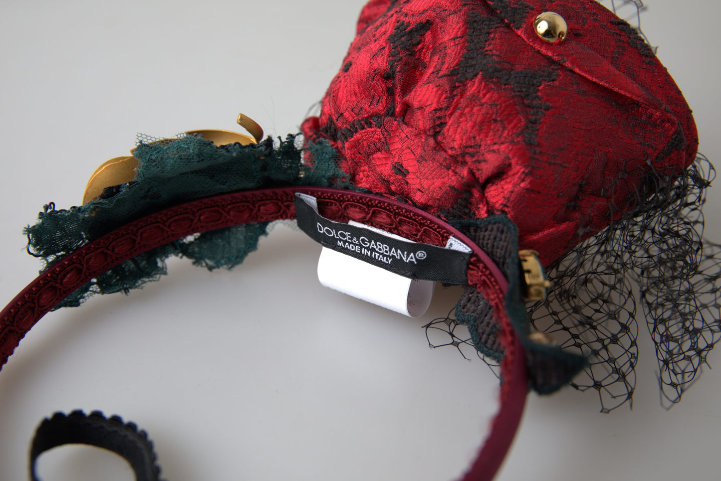 Serre-tête diadème Dolce &amp; Gabbana rouge avec logo en filet de cristal de soie multicolore rose