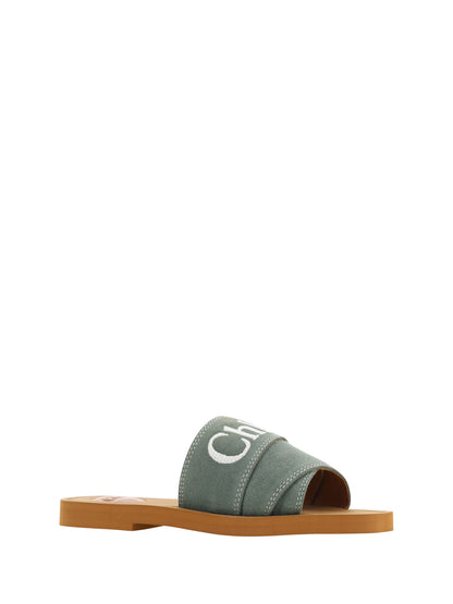 Chloé Elegante Waldgrüne Baumwoll-Slides