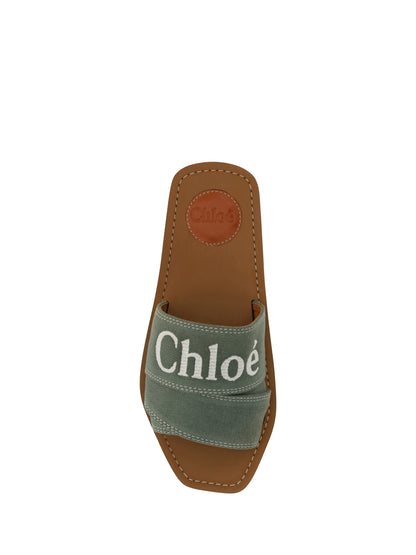 Chloé Elegante Waldgrüne Baumwoll-Slides