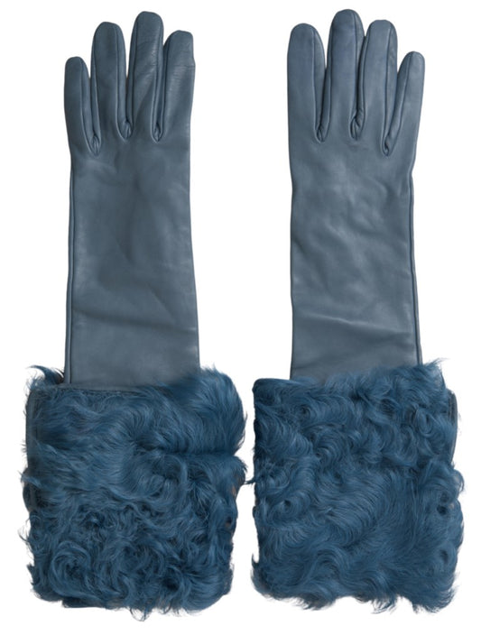 Gants mi-longs en cuir et fourrure bleus Dolce &amp; Gabbana