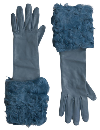 Gants mi-longs en cuir et fourrure bleus Dolce &amp; Gabbana