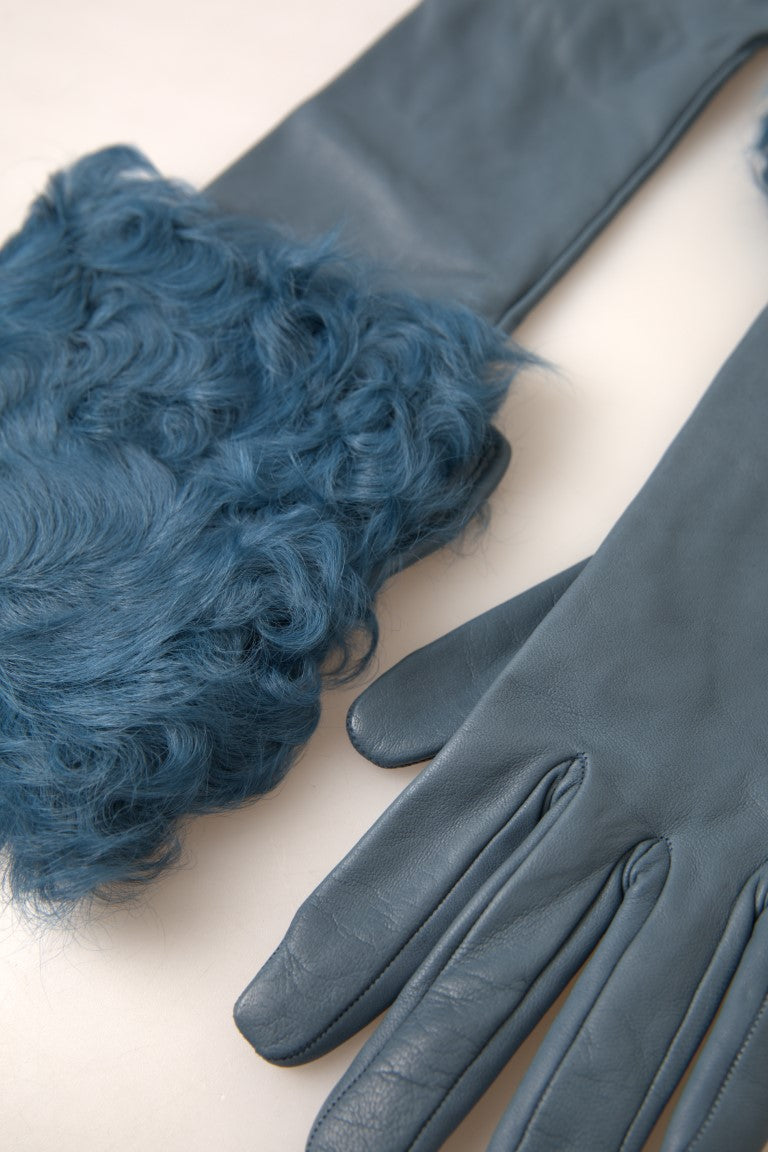 Gants mi-longs en cuir et fourrure bleus Dolce &amp; Gabbana