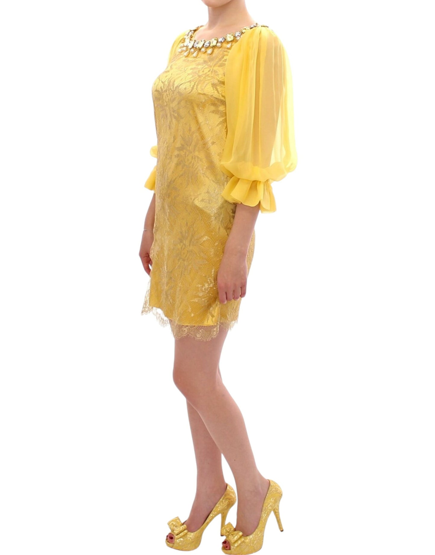 Mini-robe en dentelle jaune et cristaux Dolce &amp; Gabbana