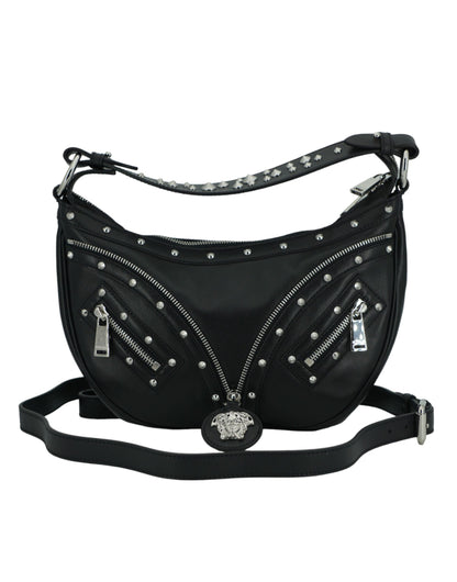 Versace Elegante Hobo-Umhängetasche aus schwarzem Leder
