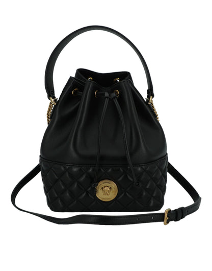 Versace Elegante Medusa Bucket-Umhängetasche aus schwarzem Leder