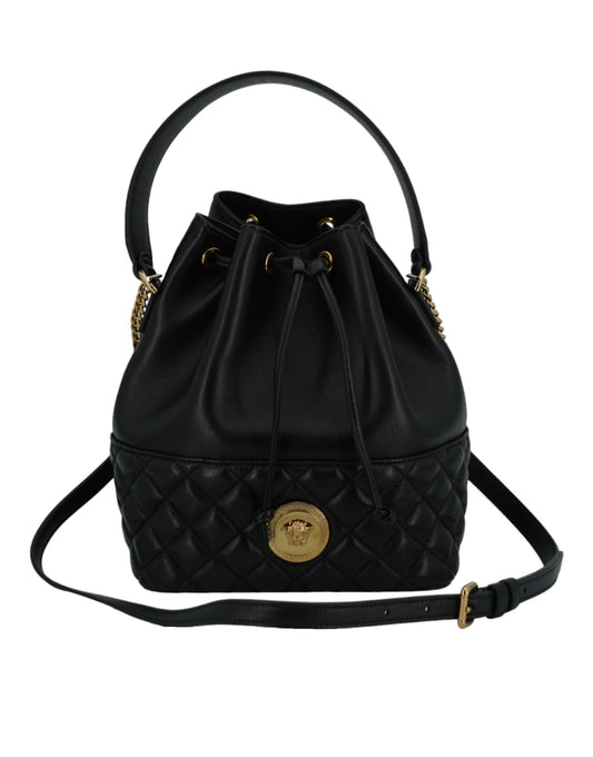 Versace Elegante Medusa Bucket-Umhängetasche aus schwarzem Leder