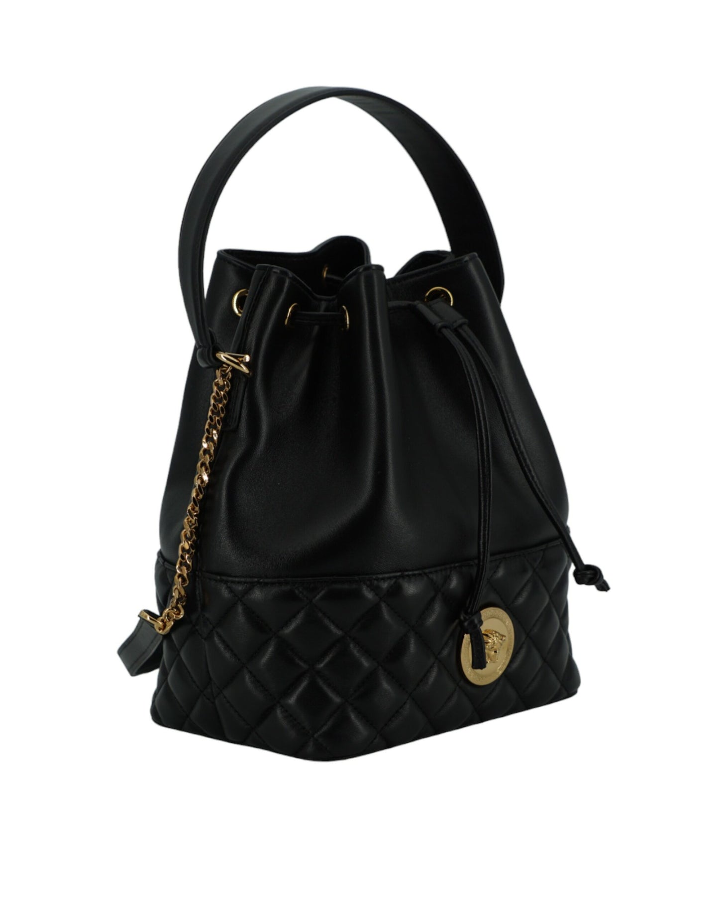 Versace Elegante Medusa Bucket-Umhängetasche aus schwarzem Leder