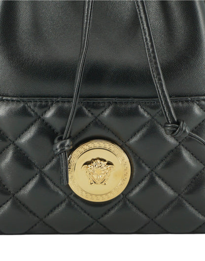 Versace Elegante Medusa Bucket-Umhängetasche aus schwarzem Leder