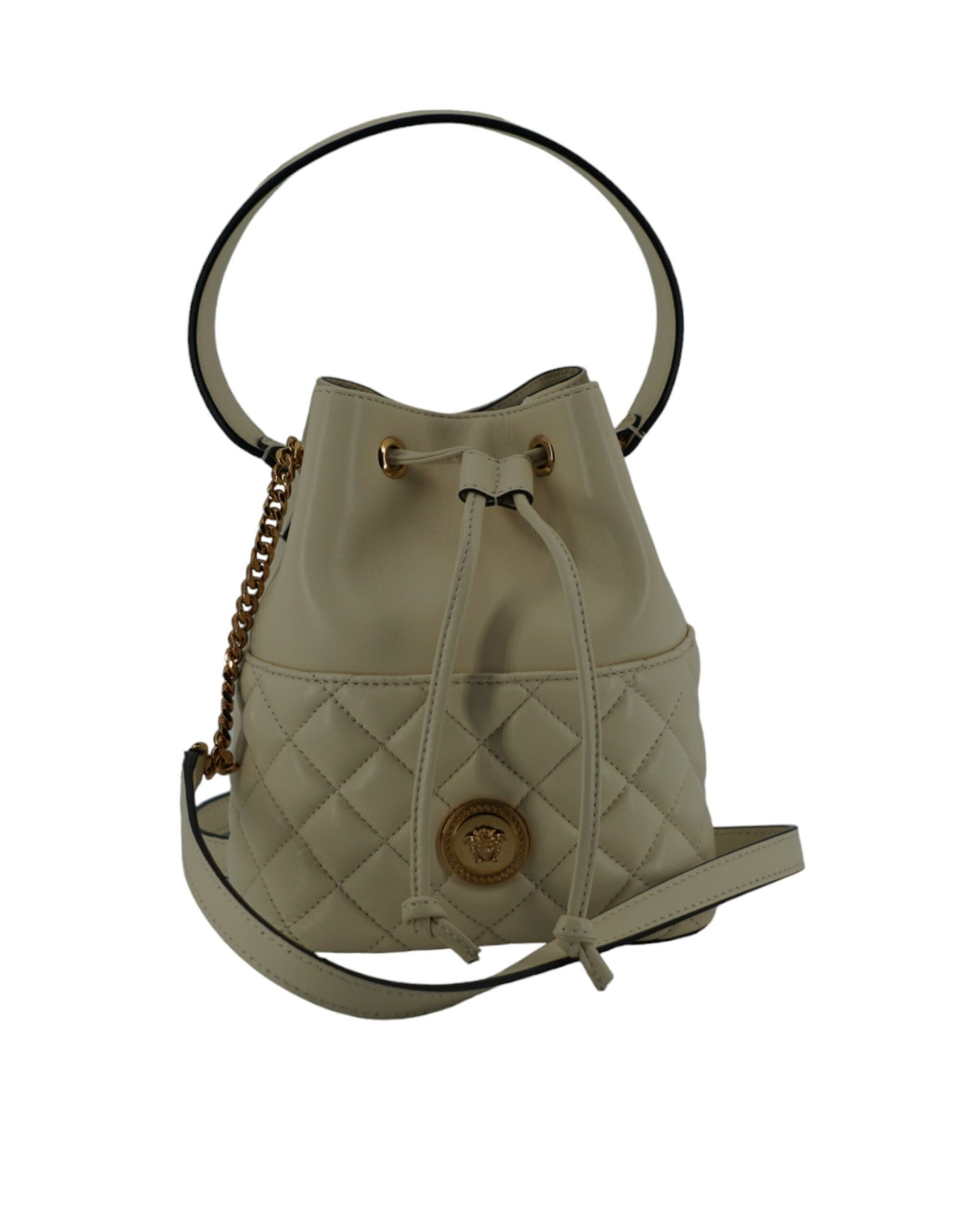 Versace Élégant Petit Sac Seau en Cuir Blanc à Bandoulière