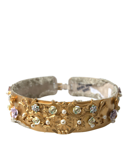 Ceinture Dolce &amp; Gabbana en laiton doré ornée de fausses perles et de fleurs