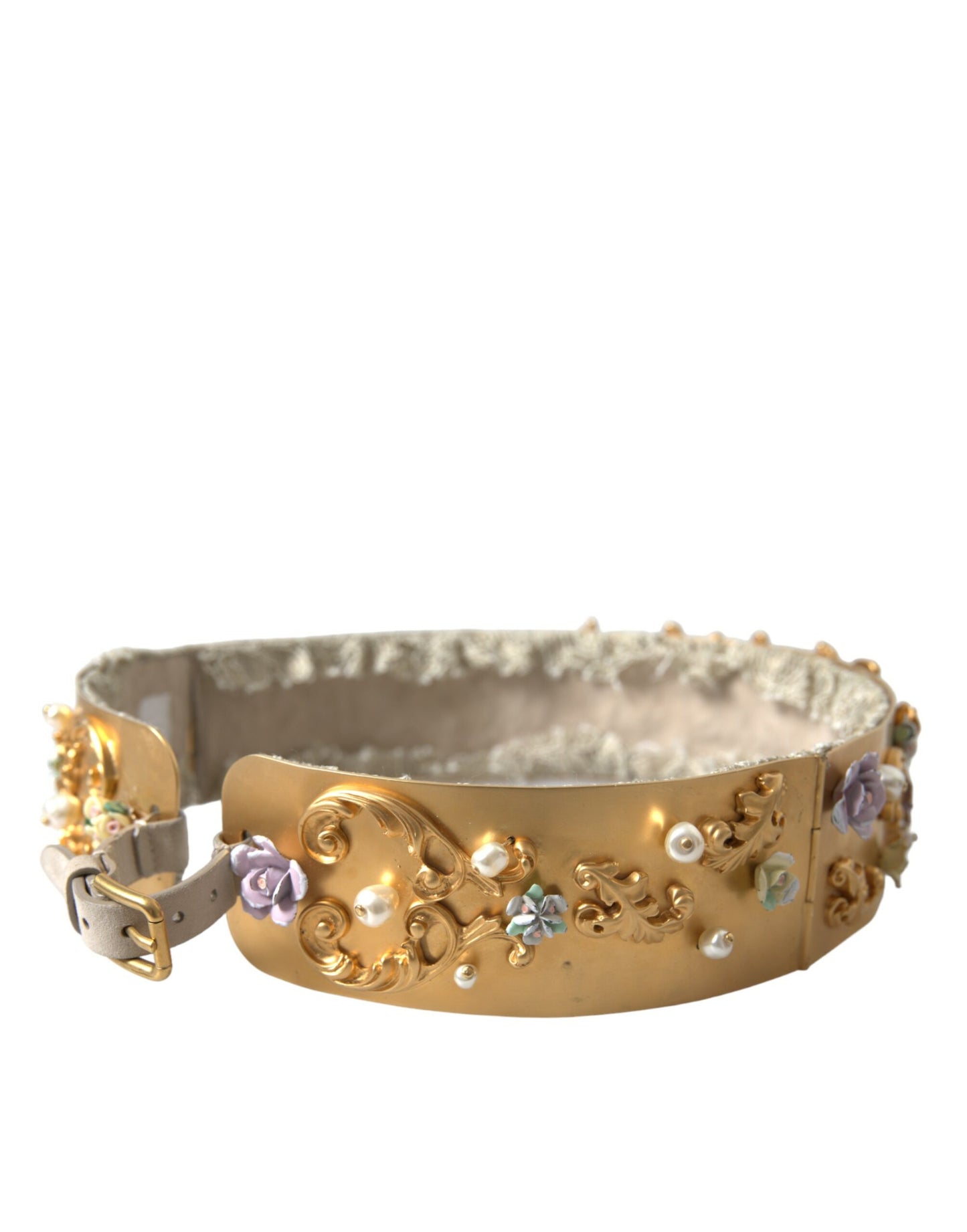 Ceinture Dolce &amp; Gabbana en laiton doré ornée de fausses perles et de fleurs