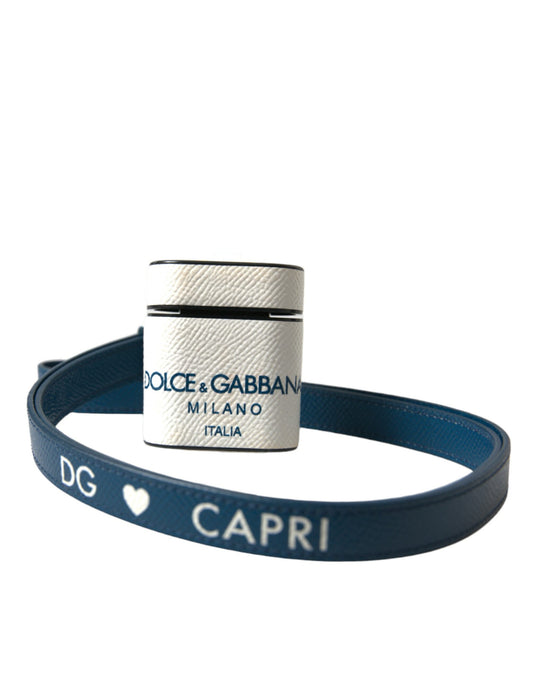 Étui pour Airpods Dolce &amp; Gabbana en cuir de veau blanc et bleu avec logo imprimé