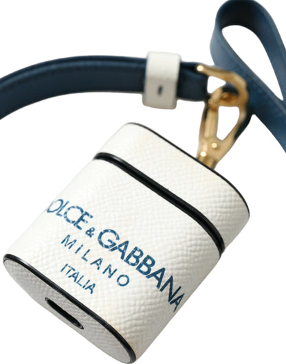 Étui pour Airpods Dolce &amp; Gabbana en cuir de veau blanc et bleu avec logo imprimé