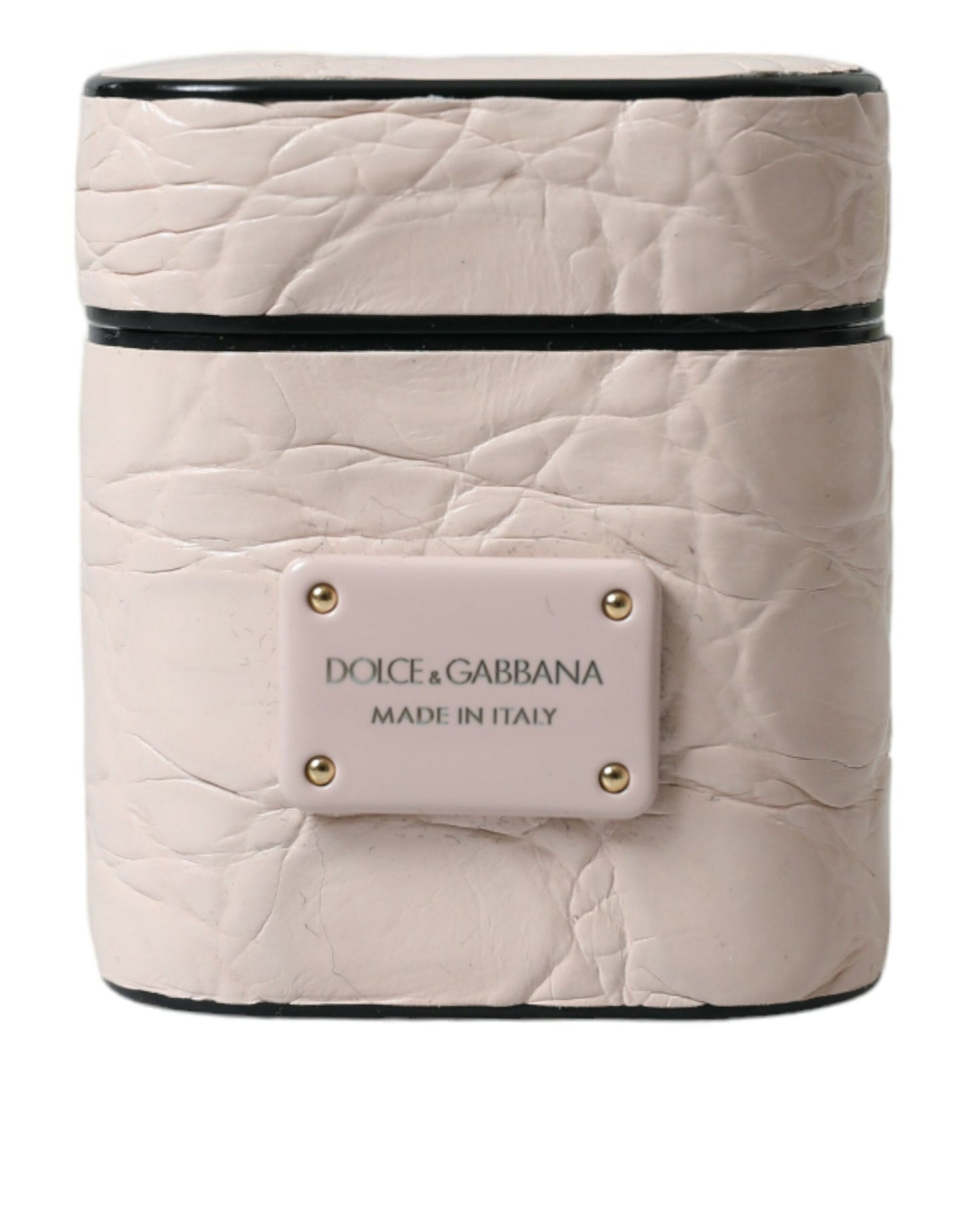 Étui pour Airpods Dolce &amp; Gabbana en cuir de veau rose clair avec plaque métallique et logo