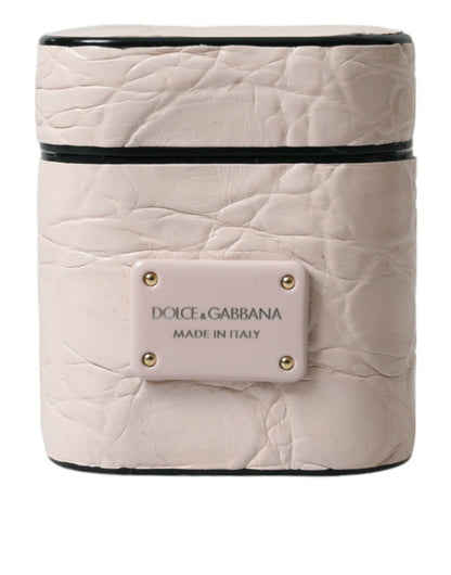 Étui pour Airpods Dolce &amp; Gabbana en cuir de veau rose clair avec plaque métallique et logo
