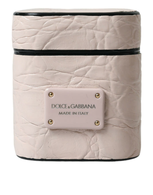 Étui pour Airpods Dolce &amp; Gabbana en cuir de veau rose clair avec plaque métallique et logo