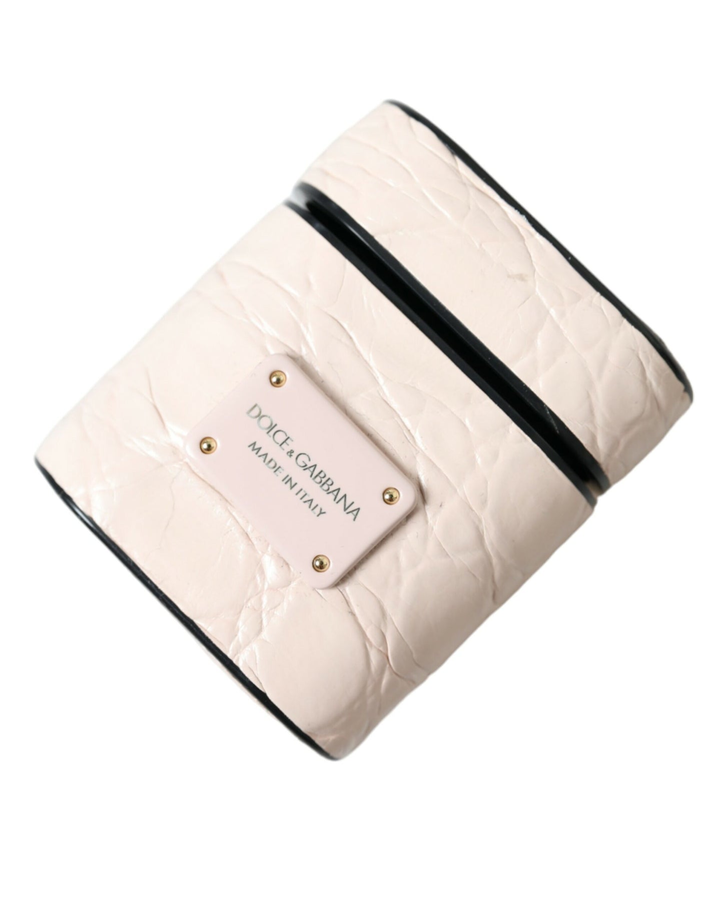 Étui pour Airpods Dolce &amp; Gabbana en cuir de veau rose clair avec plaque métallique et logo