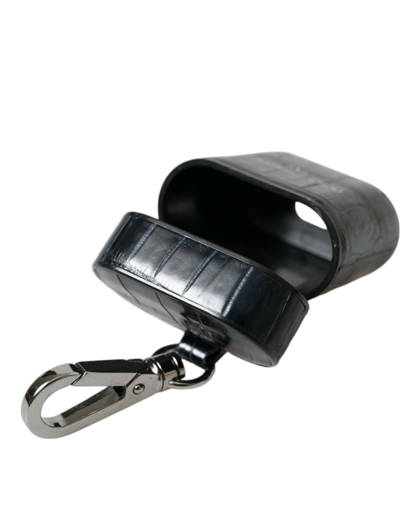 Étui pour Airpods Dolce &amp; Gabbana en cuir de crocodile noir avec logo en métal argenté