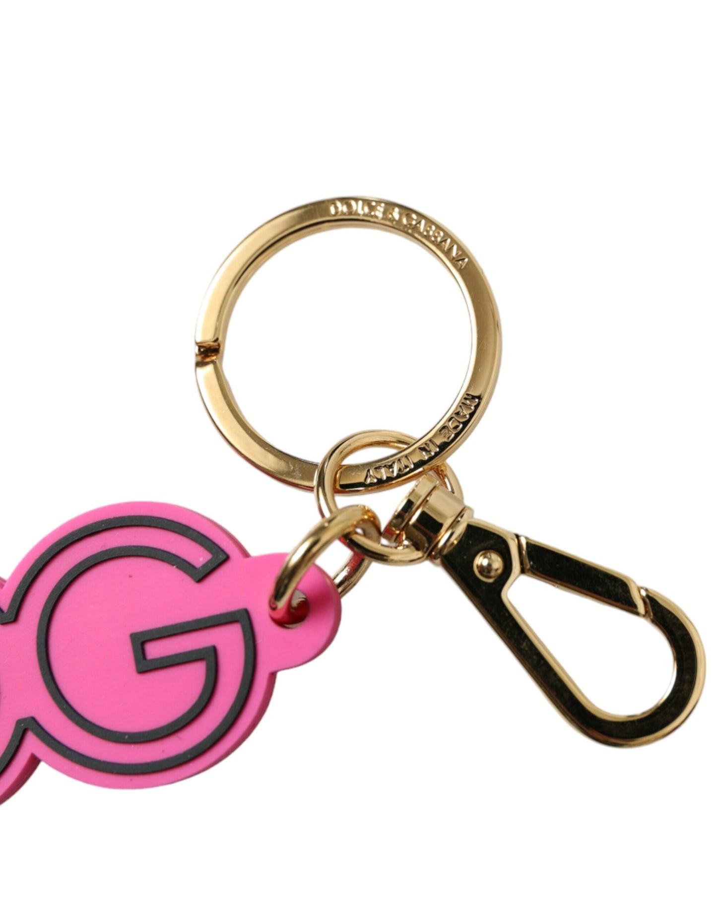 Porte-clés Dolce &amp; Gabbana en caoutchouc rose et métal doré avec logo DG