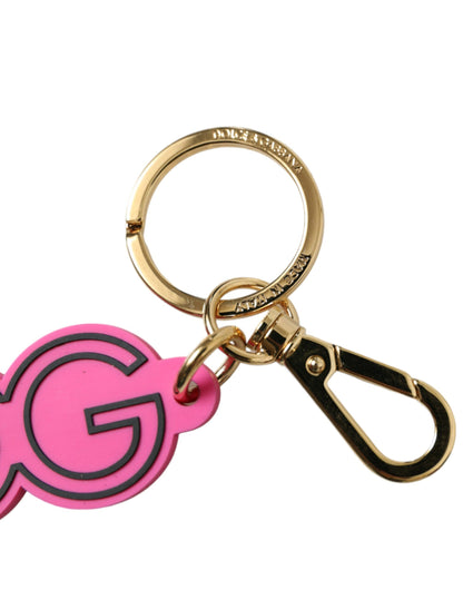 Porte-clés Dolce &amp; Gabbana en caoutchouc rose et métal doré avec logo DG