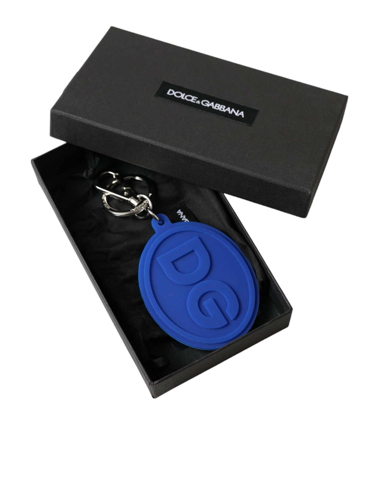 Porte-clés Dolce &amp; Gabbana en caoutchouc bleu avec logo DG en laiton argenté