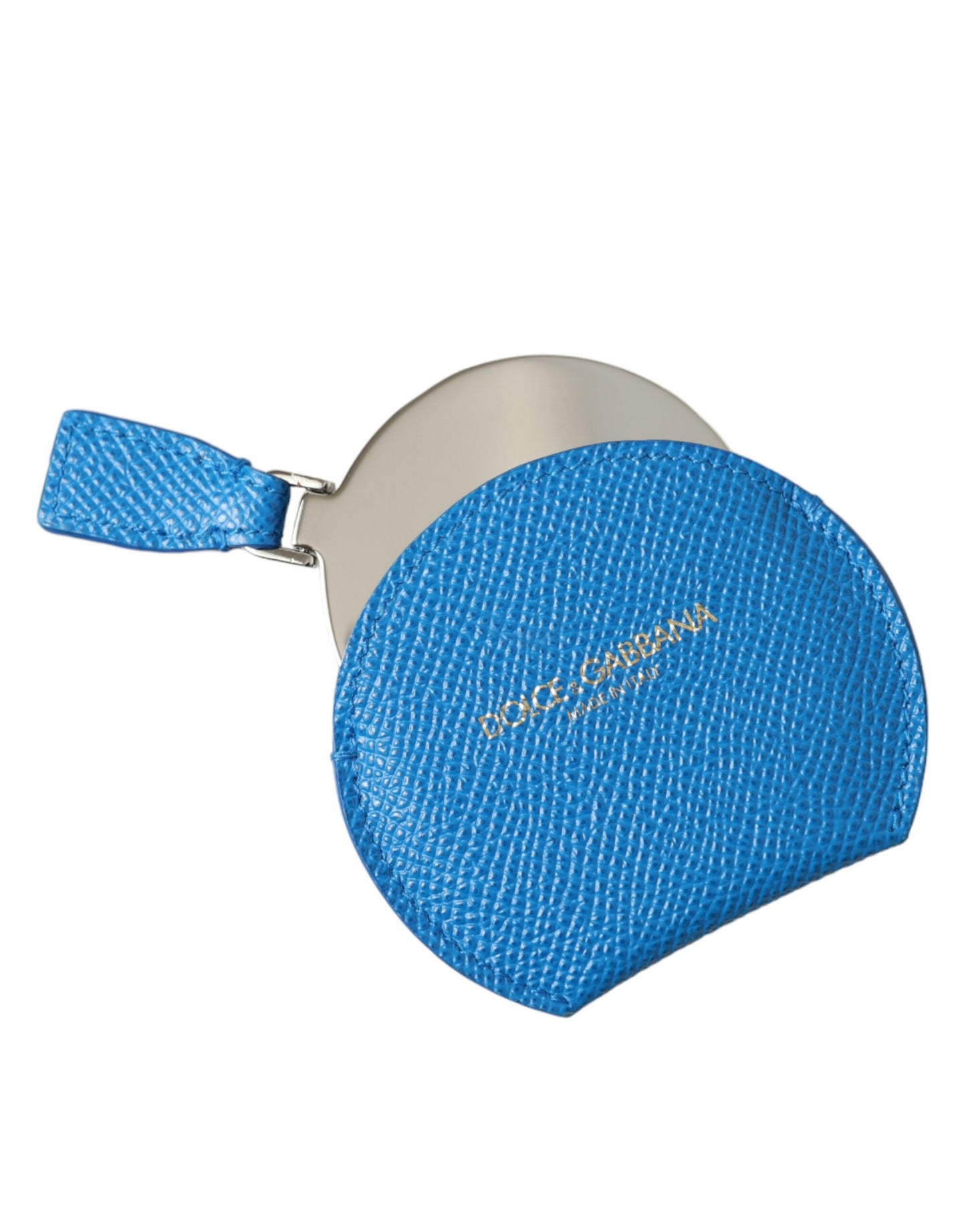 Porte-miroir à main rond en cuir de veau bleu Dolce &amp; Gabbana avec logo
