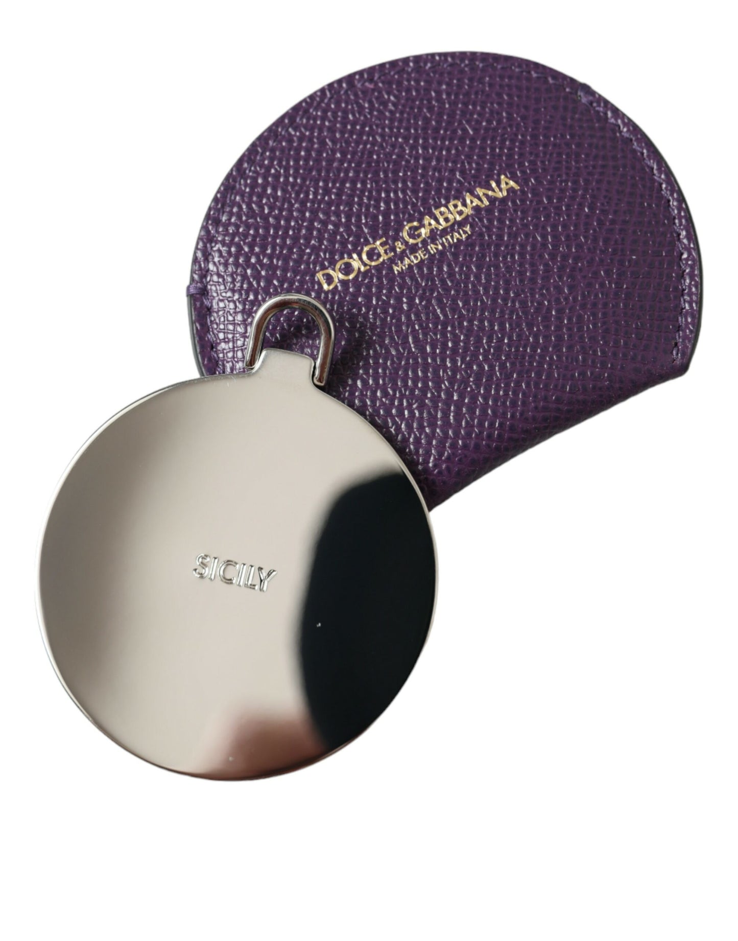 Porte-miroir à main rond en cuir de veau violet Dolce &amp; Gabbana avec logo