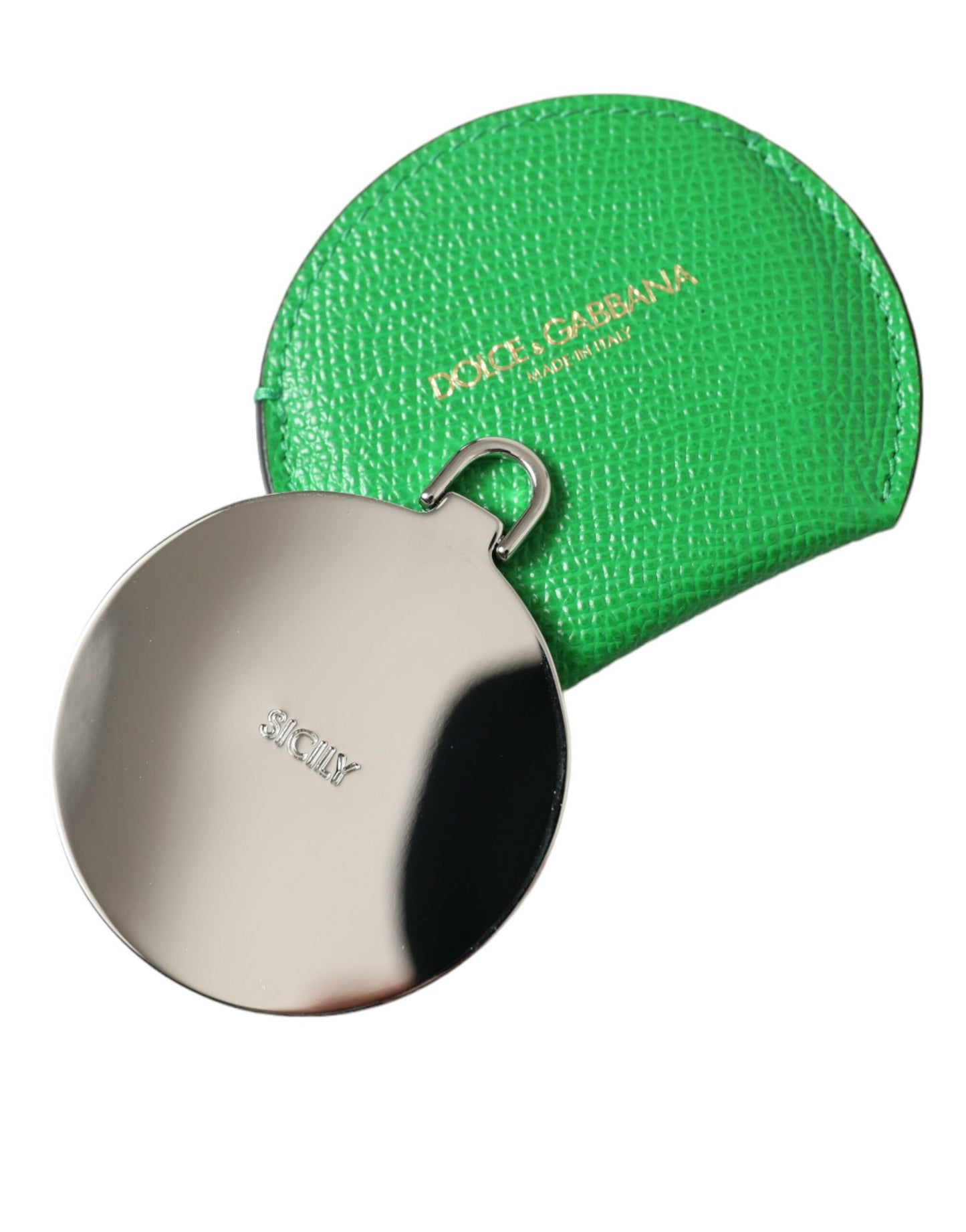 Porte-miroir à main rond en cuir de veau vert Dolce &amp; Gabbana avec logo