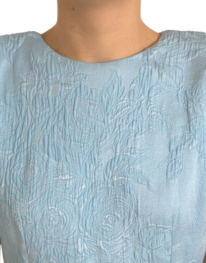 Mini-robe à manches bouffantes en jacquard floral bleu clair Dolce &amp; Gabbana