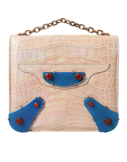 Balenciaga Beige Blau Achat Exotisches Leder Gold Kette Handtasche Tasche