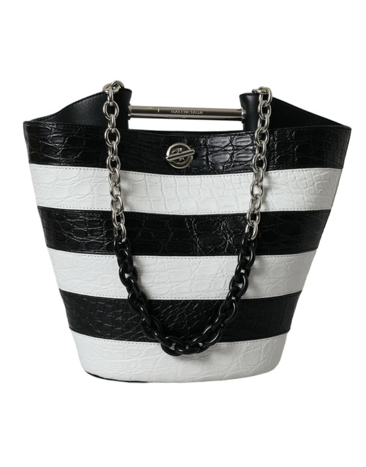 Balenciaga – Maxi-Eimertasche aus exotischem Leder mit Streifen in Schwarz und Weiß