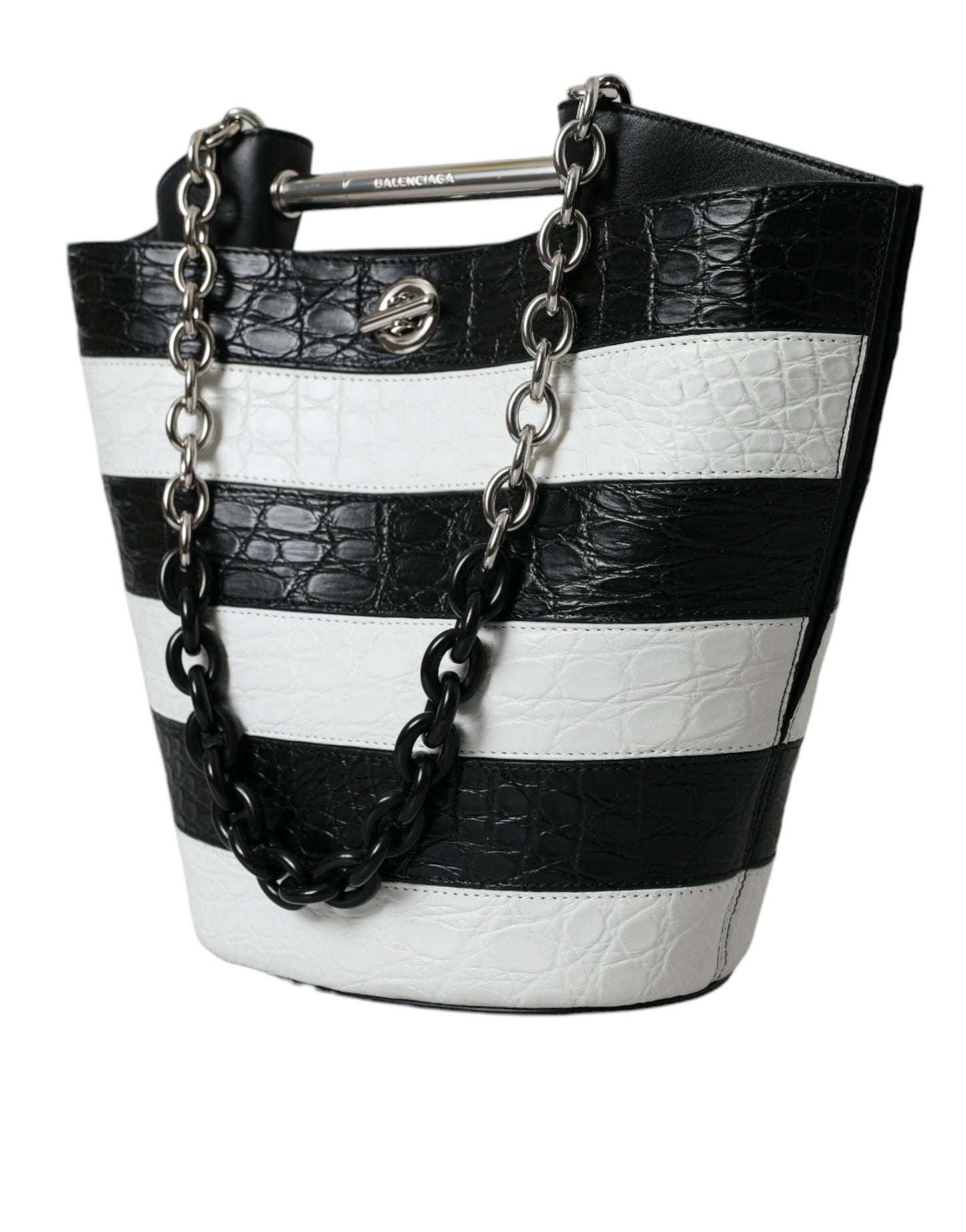 Balenciaga – Maxi-Eimertasche aus exotischem Leder mit Streifen in Schwarz und Weiß
