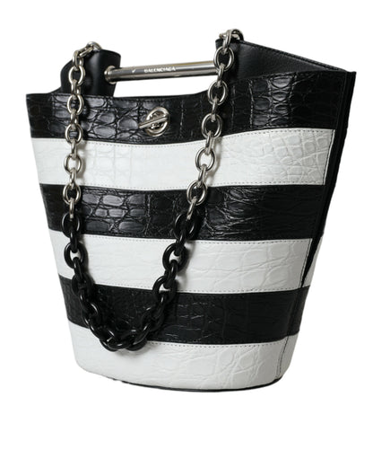 Balenciaga – Maxi-Eimertasche aus exotischem Leder mit Streifen in Schwarz und Weiß