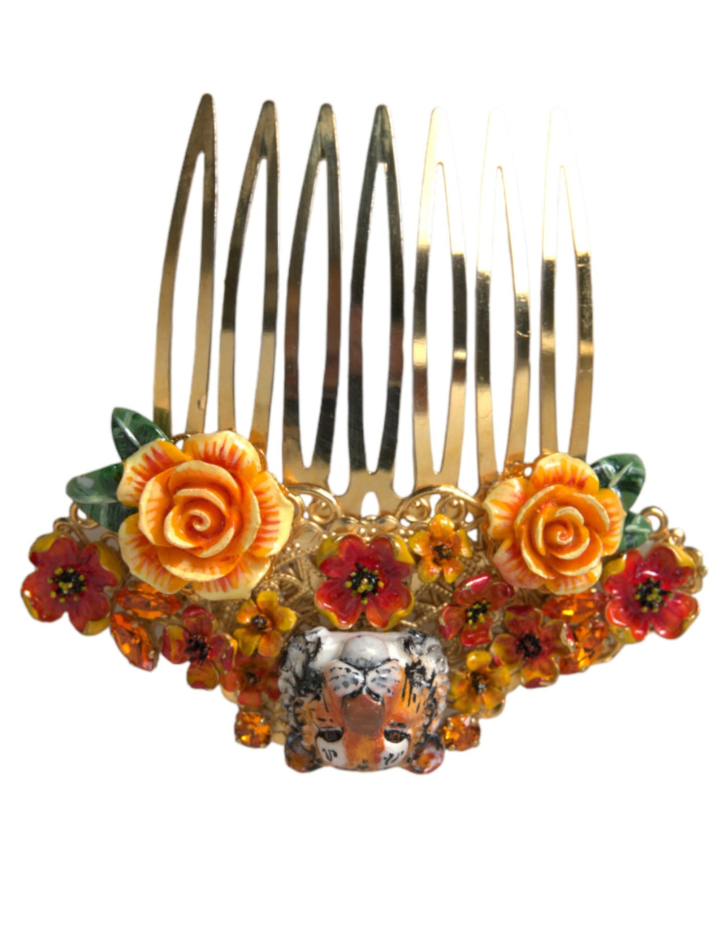 Peigne à cheveux Dolce &amp; Gabbana en laiton doré et cristal motif léopard floral