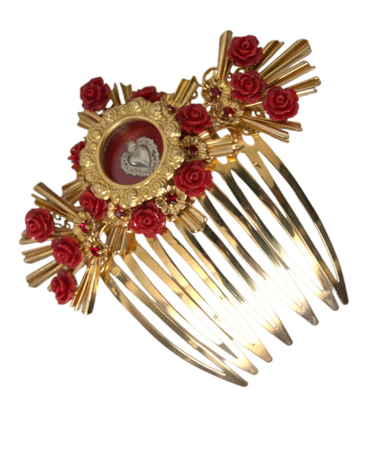 Peigne à cheveux Dolce &amp; Gabbana en laiton doré et cristal avec motif floral en forme de cœur