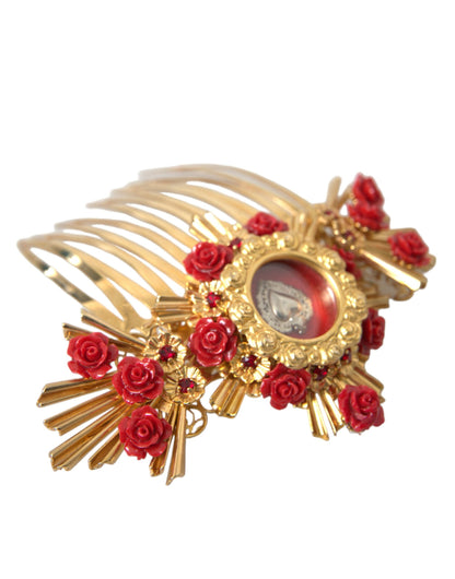 Peigne à cheveux Dolce &amp; Gabbana en laiton doré et cristal avec motif floral en forme de cœur