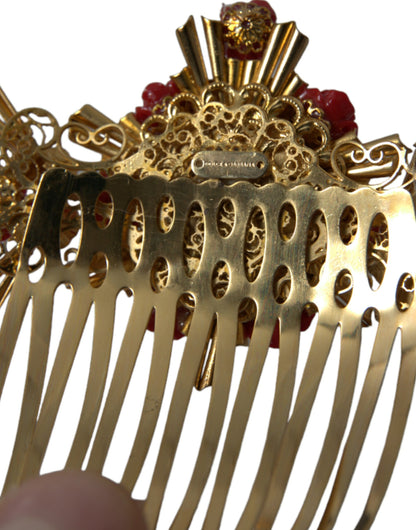 Peigne à cheveux Dolce &amp; Gabbana en laiton doré et cristal avec motif floral en forme de cœur