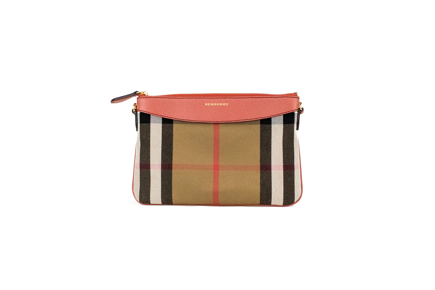 Burberry – Peyton House Check – Derby-Umhängetasche aus genarbtem Leder in Zimtrot