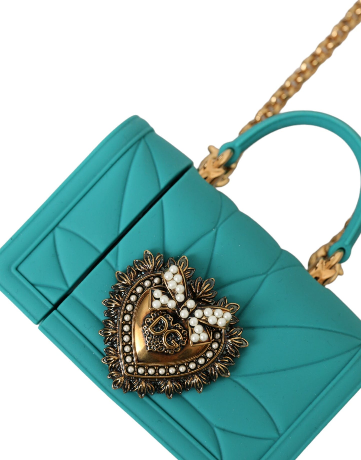 Étui pour Airpods Dolce &amp; Gabbana en silicone turquoise avec motif cœur dévotion