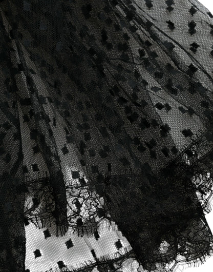 Jupe trapèze taille haute en nylon noir avec bordure en dentelle Dolce &amp; Gabbana