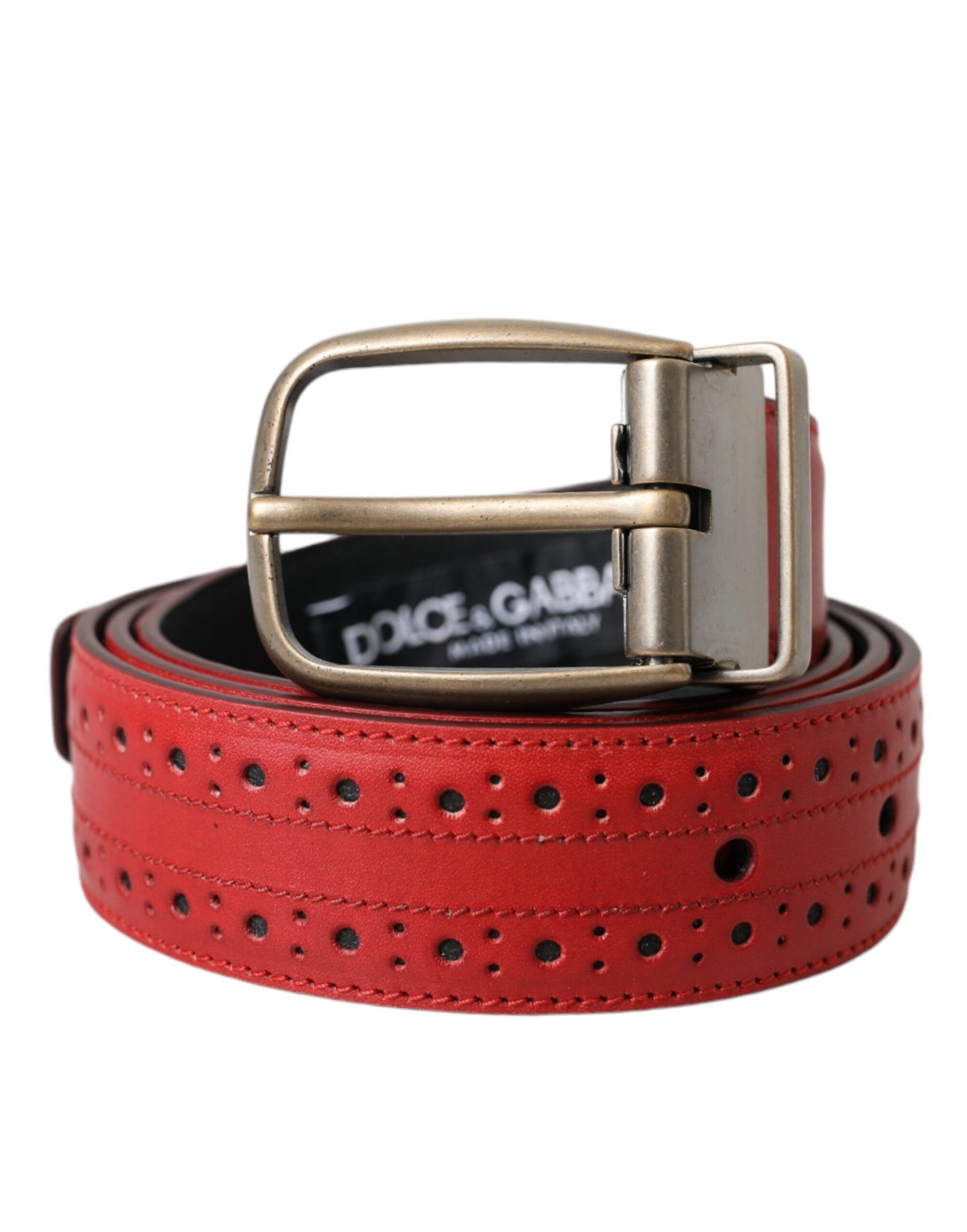 Ceinture Dolce &amp; Gabbana en cuir perforé rouge avec boucle en métal pour homme