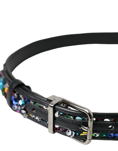 Ceinture Dolce &amp; Gabbana noire à paillettes et boucle en métal argenté pour femme