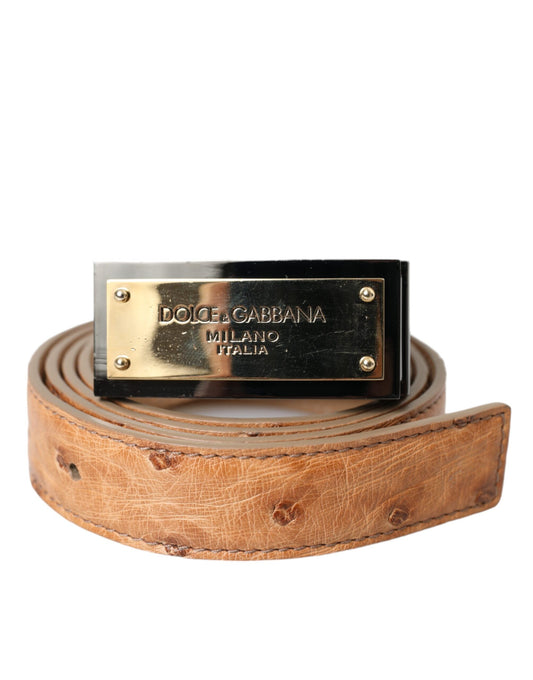 Ceinture Dolce &amp; Gabbana en cuir beige avec boucle gravée du logo doré