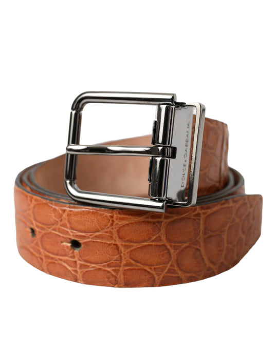 Ceinture Dolce &amp; Gabbana en cuir exotique marron avec boucle en métal argenté