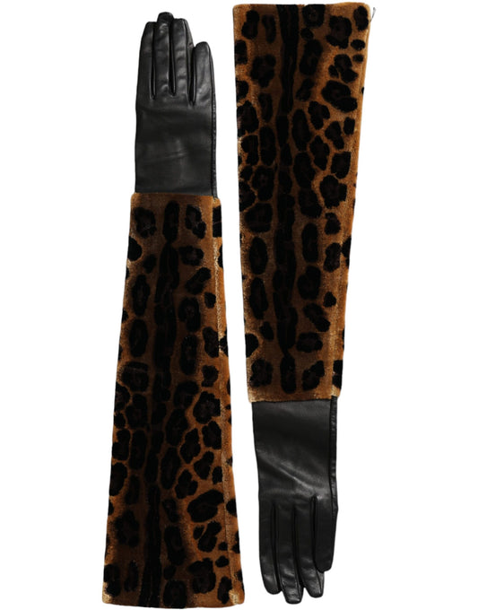 Gants Dolce &amp; Gabbana en cuir marron et noir léopard, longueur coude